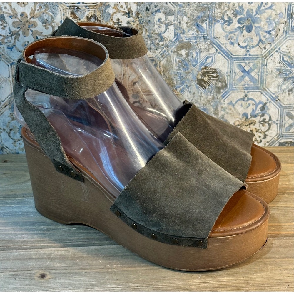 Franco Sarto Wedge Sandals Suede Wood Platform Chunky Womens 8 Green Fall Preppy